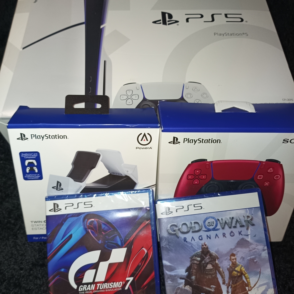 Sony 5 Console Bundle with DualSense Controllers and Games - White and Red